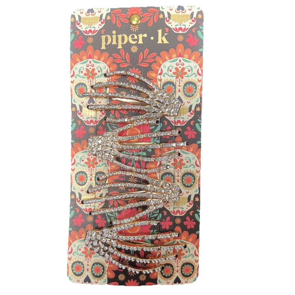 (4) Piper K Skeleton Hand‎ Halloween Gold Hair Clips